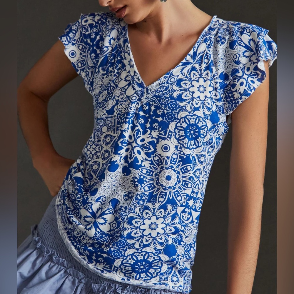 Maeve Anthropologie Catie Ruffle-Sleeved Tee Blouse Top